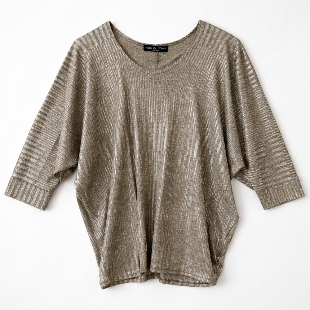 Silver‎ Metallic Top Batwing Dolmen Sleeves Knit Scoop Neck Glam Shiny sz M